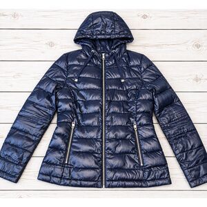 Andrew Marc Navy Blue Shiny Quilted Puffer Hooded Zip Front Jacket Size S 4883